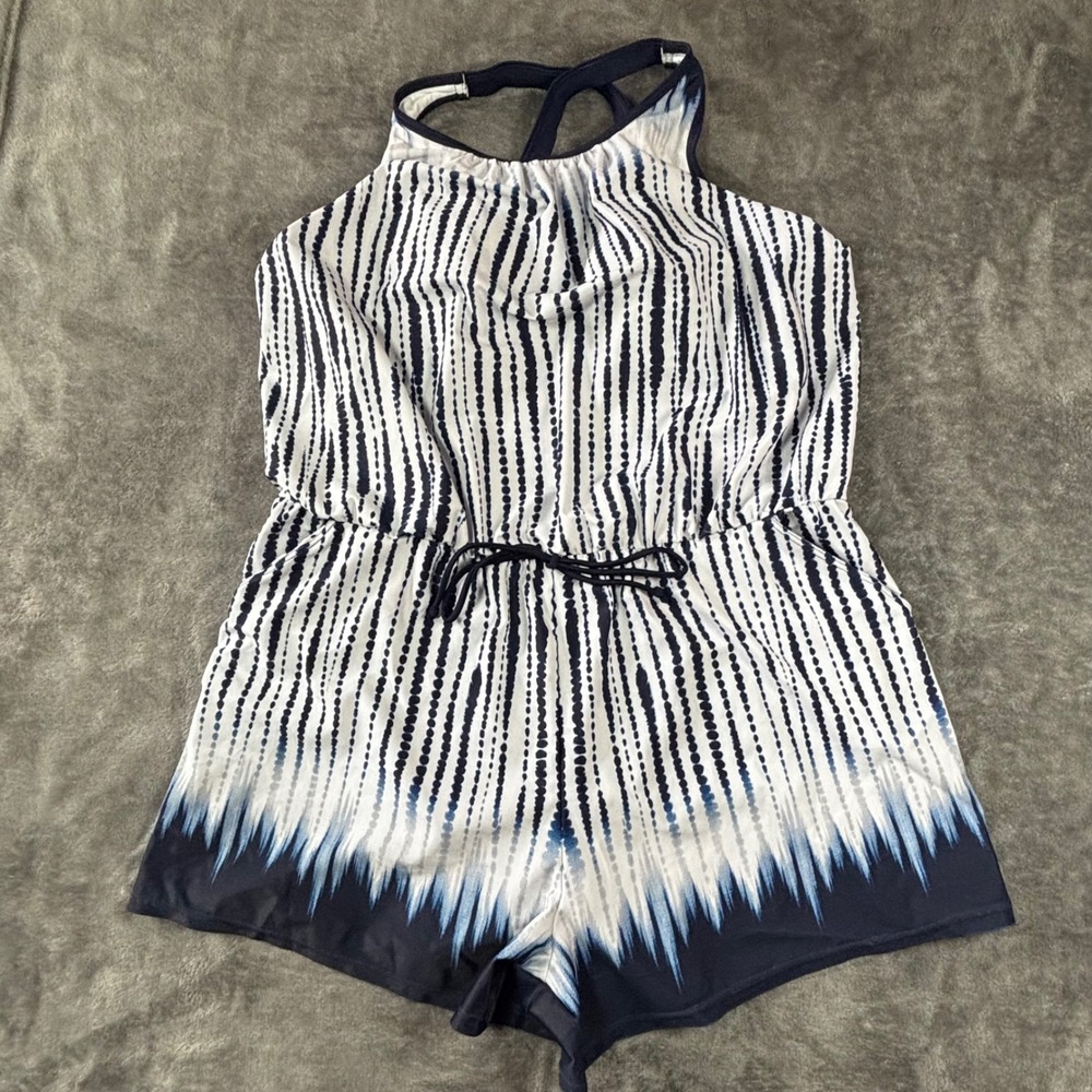 Womens Navy White Tie Dye Stripe Swim Romper Pockets Large Drawstring Waist